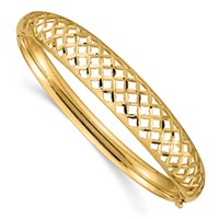 14K Yellow Gold Polished Graduated Diamond-cut 6.25-12.5mm Fancy Weave Hinged Oval Bangle Bracelet view 1
