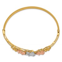 14K Tri-color Polished and Satin Diamond-cut Plumeria Hinged Oval Bangle Bracelet view 2