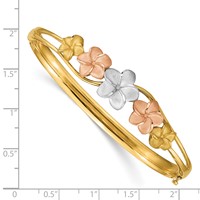 14K Tri-color Polished and Satin Diamond-cut Plumeria Hinged Oval Bangle Bracelet view 3