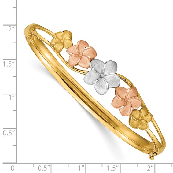 14k Tri-color Polished and Satin Diamond-cut Plumeria Hinged Oval Bangle Bracelet
