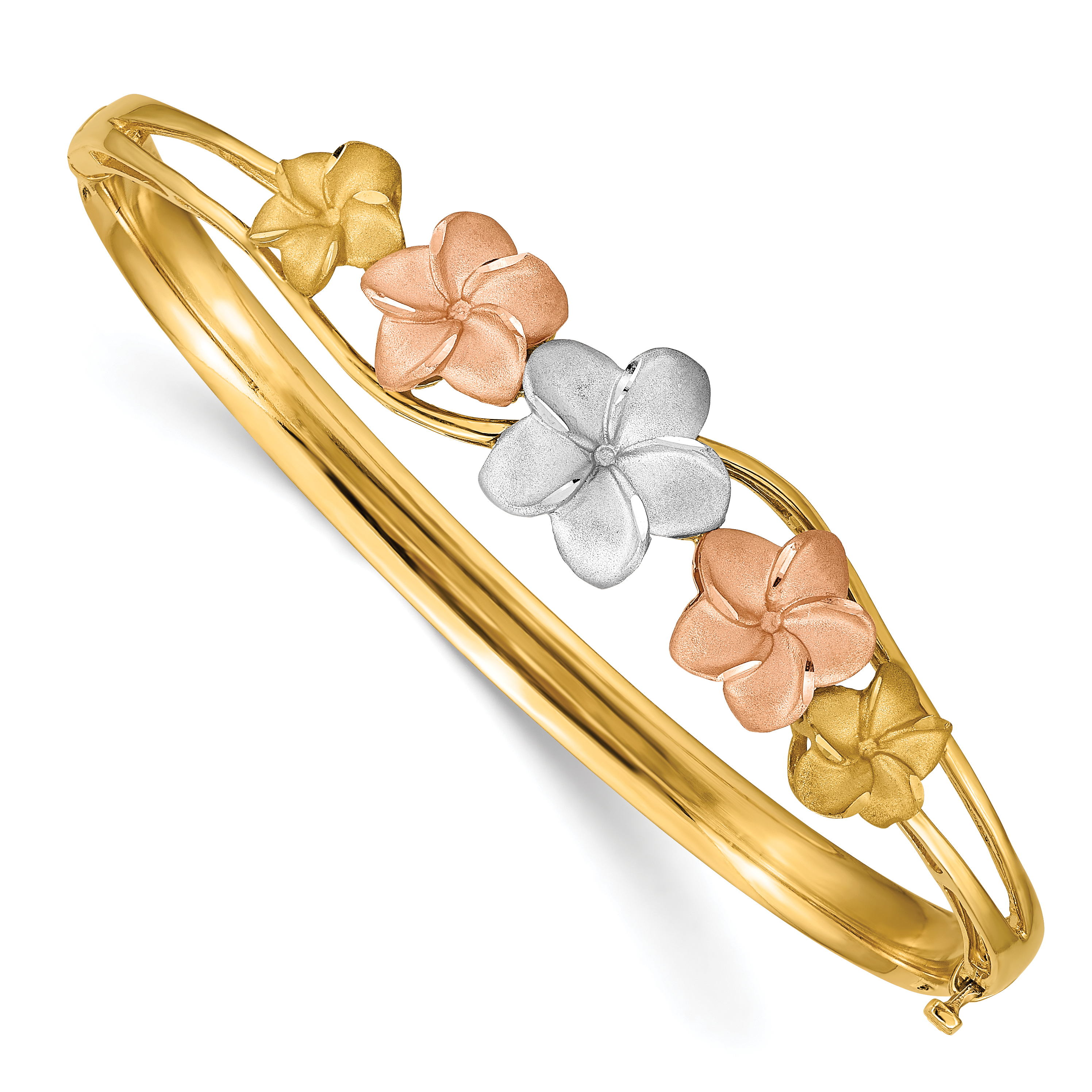 14k Tri-color Polished and Satin Diamond-cut Plumeria Hinged Oval Bangle Bracelet (DB448)