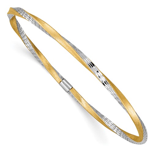 14K and White Rhodium Satin Finish Diamond-cut Twist 3.00mm Slip-on Round Bangle Bracelet