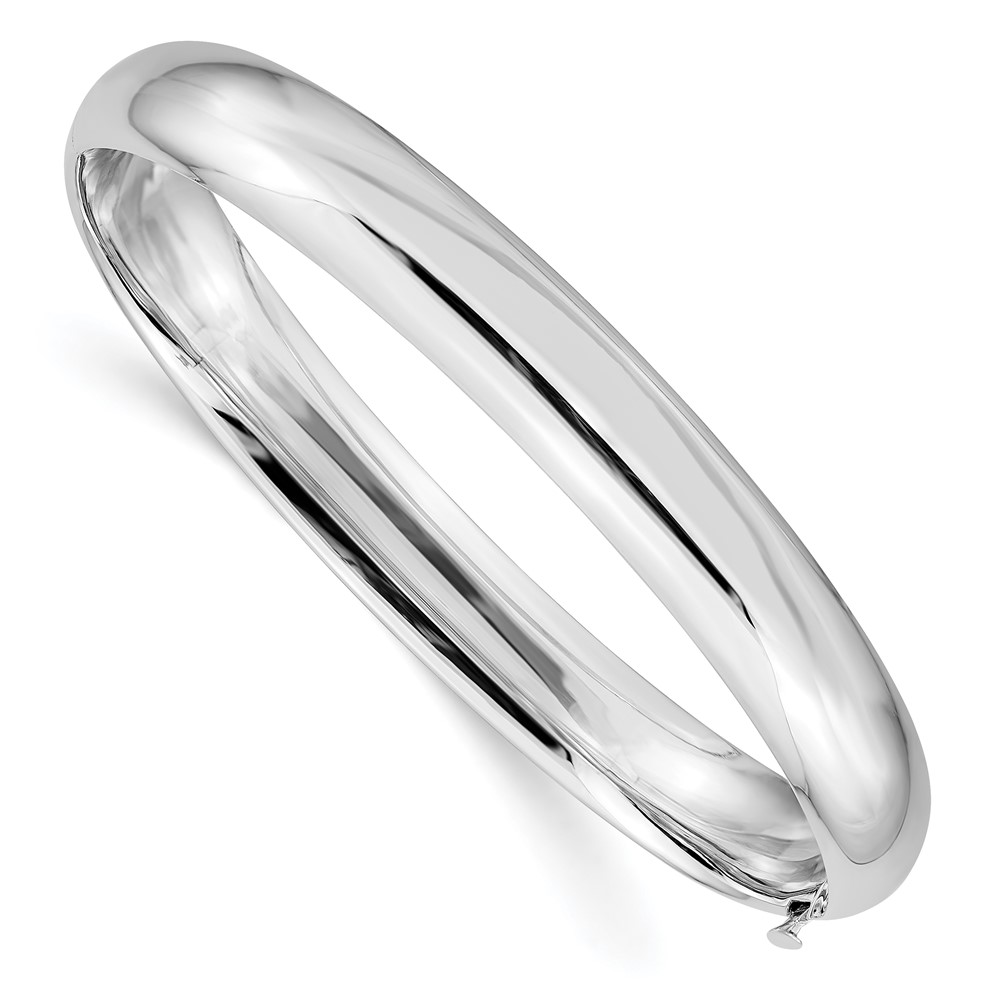 14K White Gold High Polished 8.00mm Hinged Oval Bangle Bracelet
