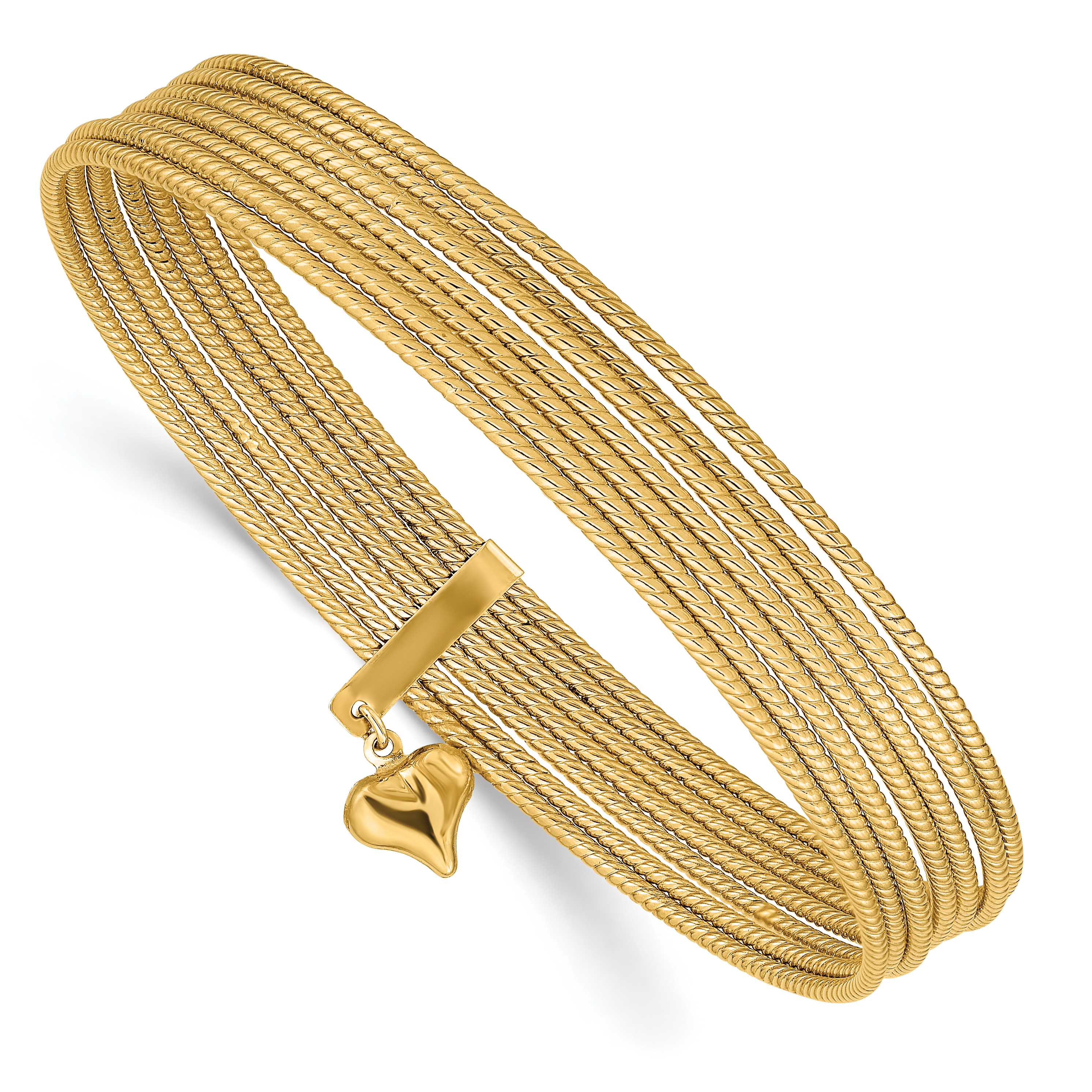 14K Oversize Polished and Textured with Dangle Heart 7-Strand 11.00mm Slip-on Round Bangle Bracelet (DB531O)