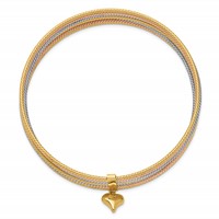 14K Oversize Tri-color Polished and Textured Bracelet with Dangle Heart 7-Strand 11.00mm Slip-on Round Bangle view 2