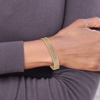 14K Oversize Tri-color Polished and Textured Bracelet with Dangle Heart 7-Strand 11.00mm Slip-on Round Bangle view 4