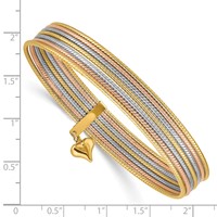 14K Oversize Tri-color Polished and Textured Bracelet with Dangle Heart 7-Strand 11.00mm Slip-on Round Bangle view 3