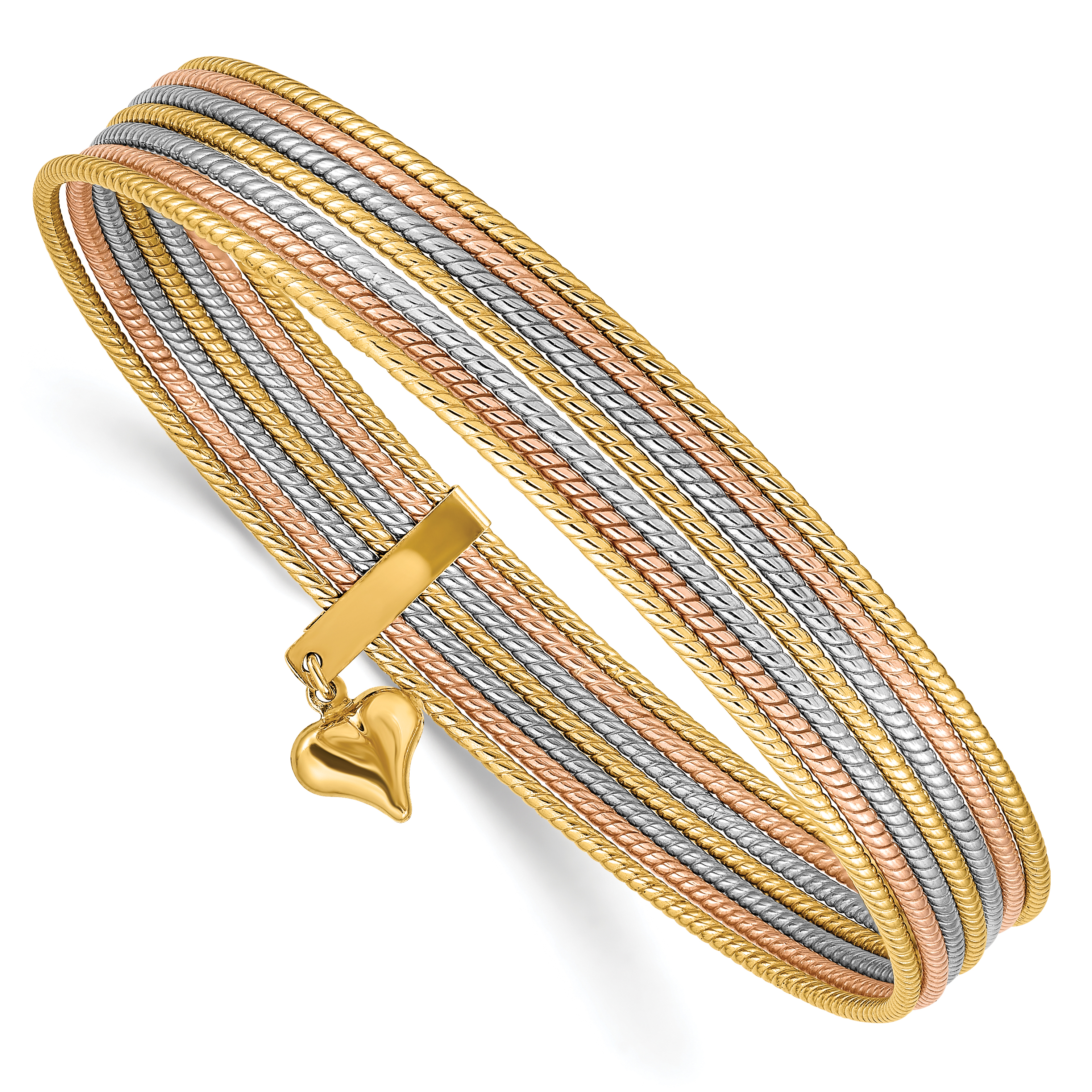 14K Oversize Tri-color Polished and Textured with Dangle Heart 7-Strand 11.00mm Slip-on Round Bangle Bracelet (DB533O)
