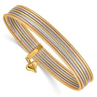 14K Oversize Tri-color Polished and Textured Bracelet with Dangle Heart 7-Strand 11.00mm Slip-on Round Bangle view 1