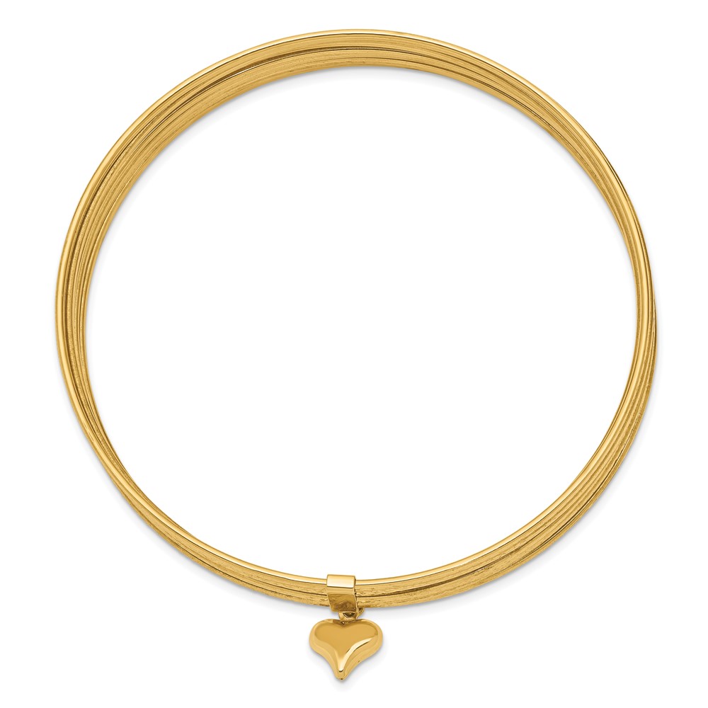 14K Polished and Textured with Dangle Heart 7-Strand 11.00mm Slip-on Round Bangle Bracelet (DB534)