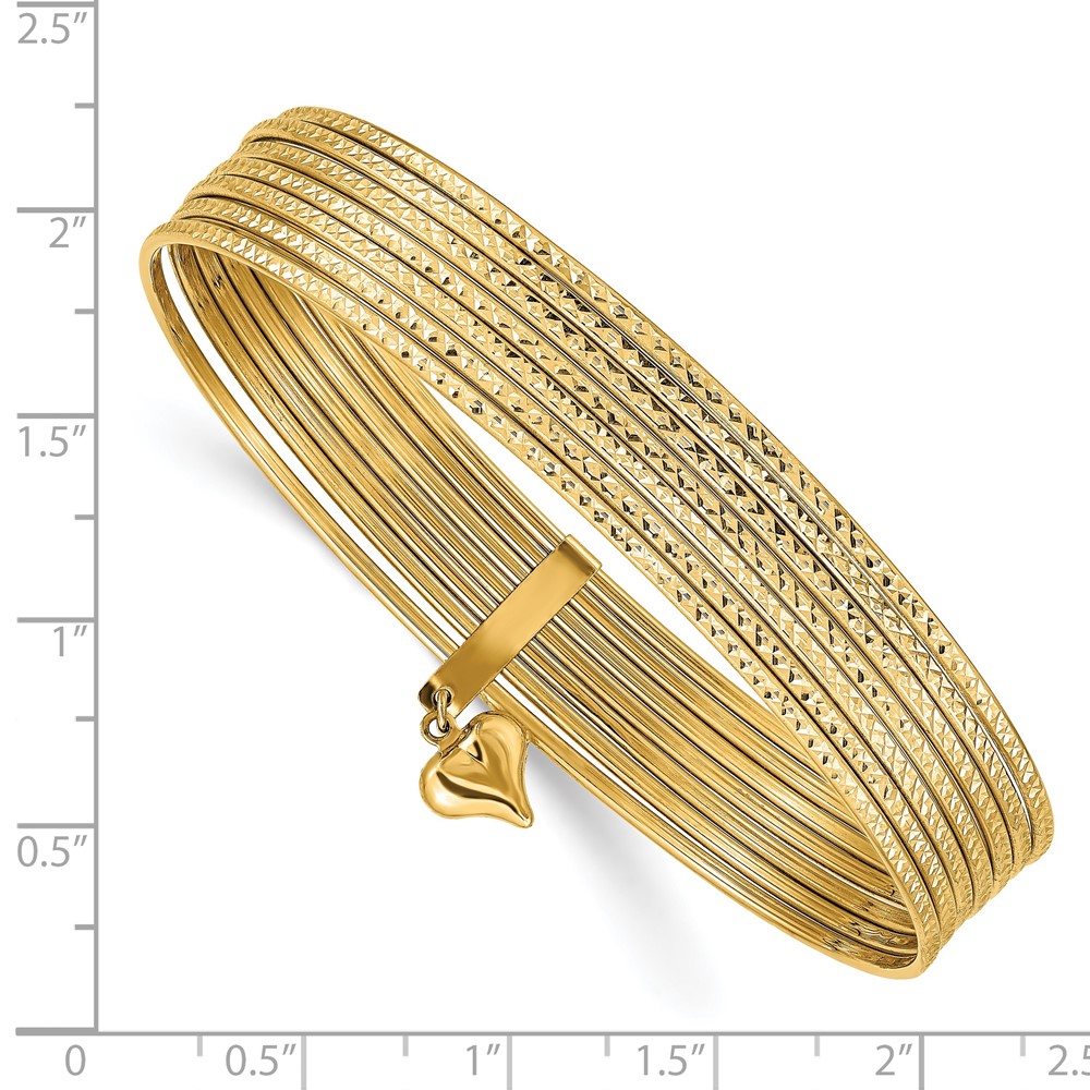 14K Polished and Textured with Dangle Heart 7-Strand 11.00mm Slip-on Round Bangle Bracelet (DB534)