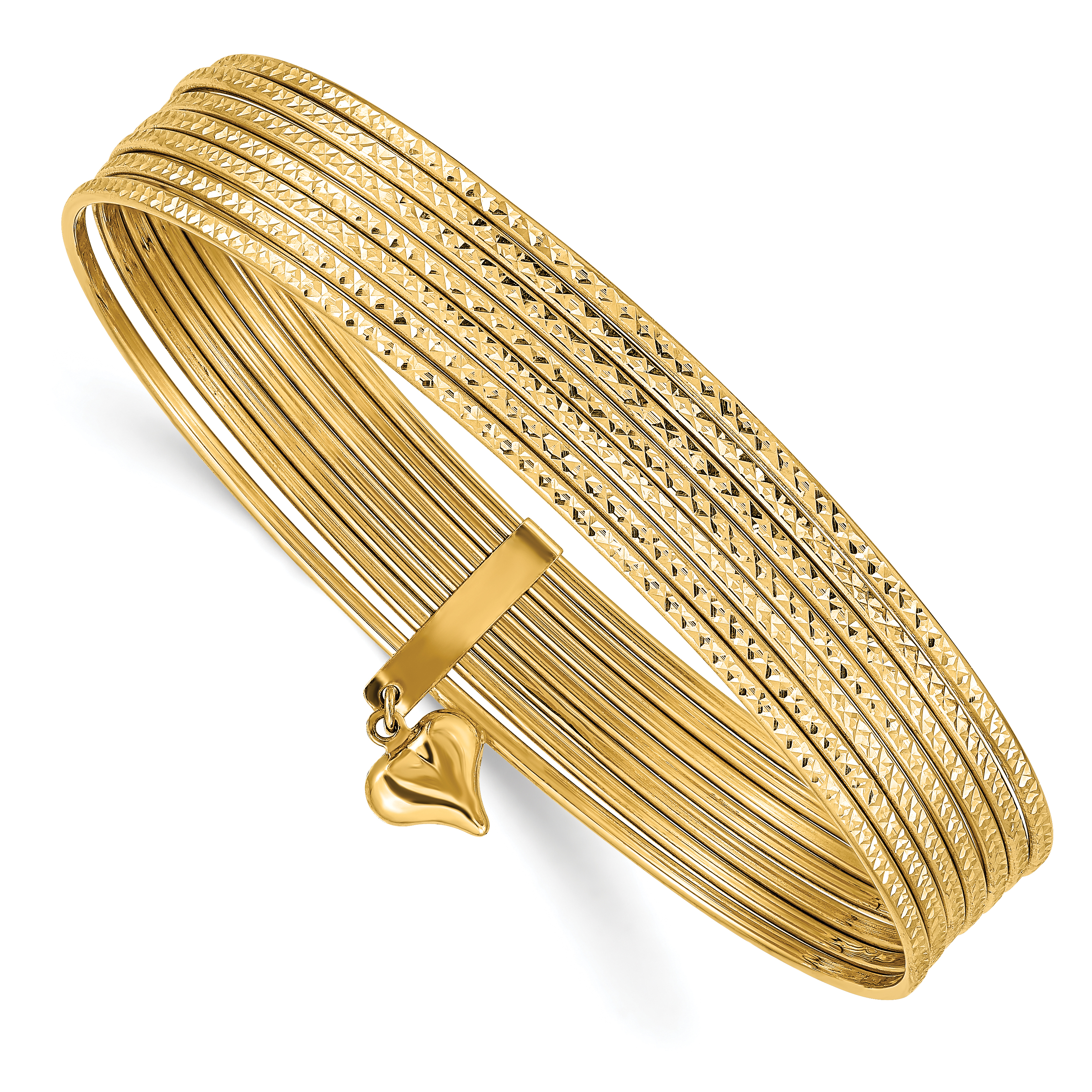 14K Polished and Textured with Dangle Heart 7-Strand 11.00mm Slip-on Round Bangle Bracelet (DB534)