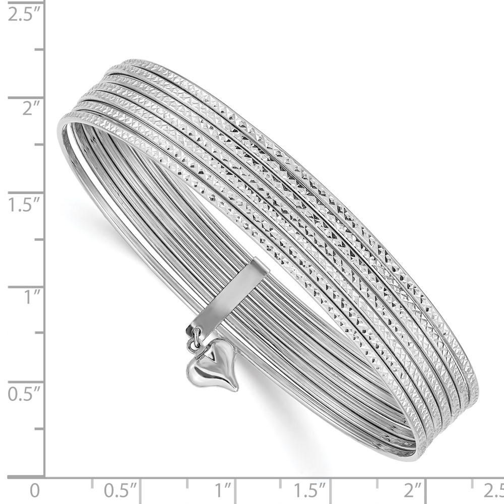 14K Oversize White Gold Polished and Textured with Dangle Heart 7-Strand 11.00mm Slip-on Round Bangle Bracelet (DB535O)