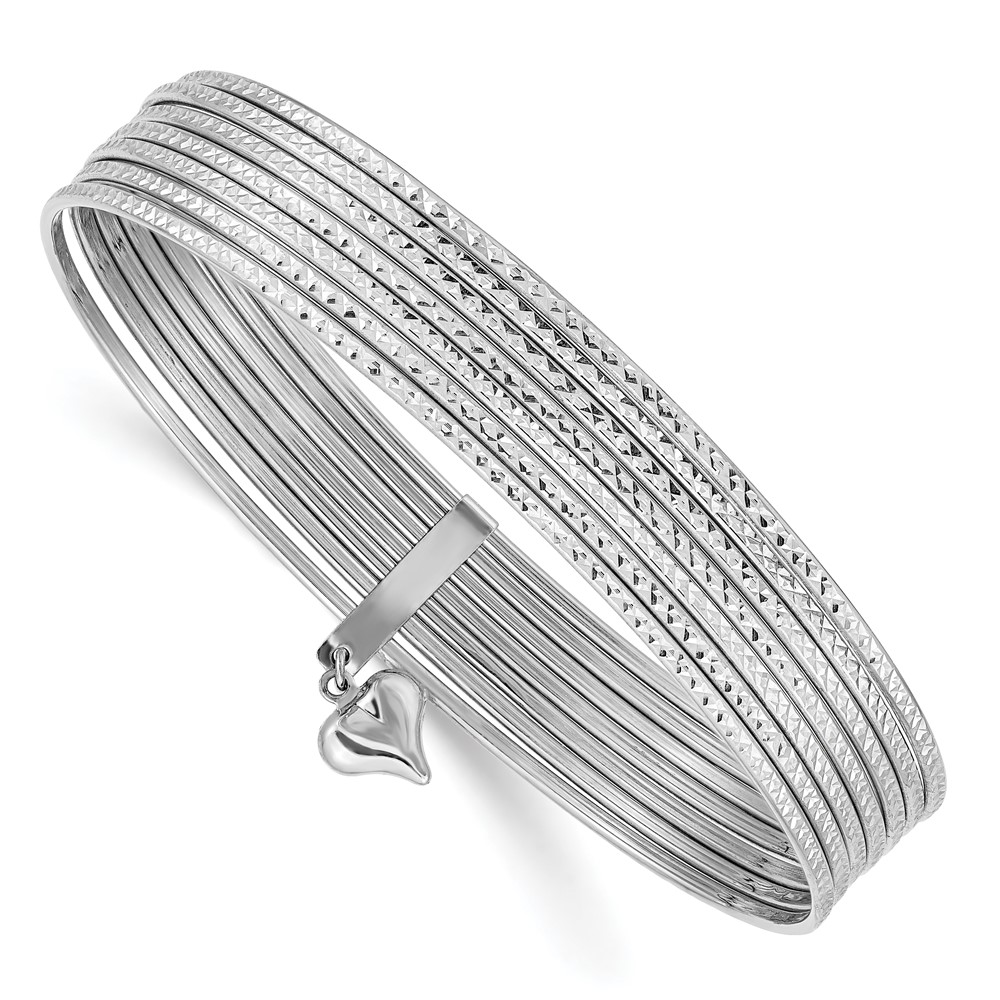 14K Oversize White Gold Polished and Textured with Dangle Heart 7-Strand 11.00mm Slip-on Round Bangle Bracelet (DB535O)