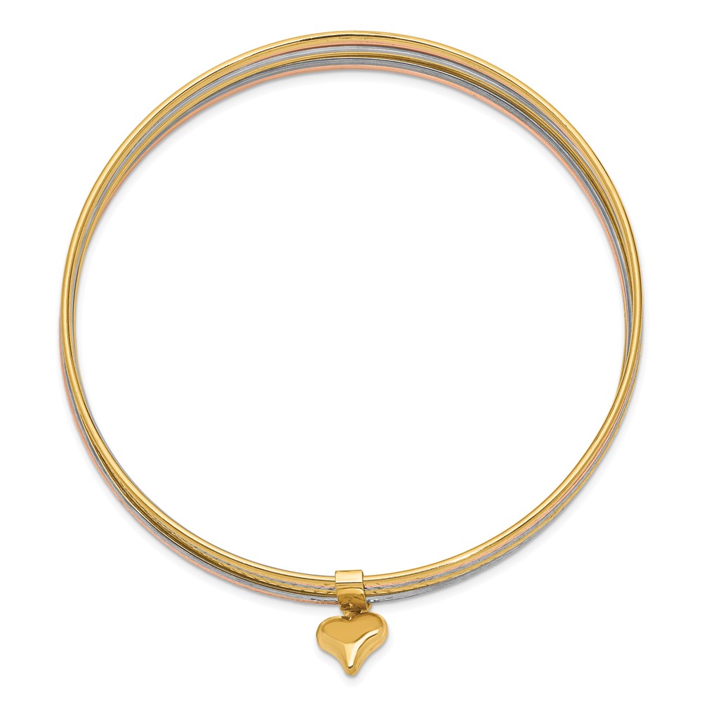 14K Oversize Tri-color Polished and Textured with Dangle Heart 7-Strand 11.00mm Slip-on Round Bangle Bracelet (DB536O)