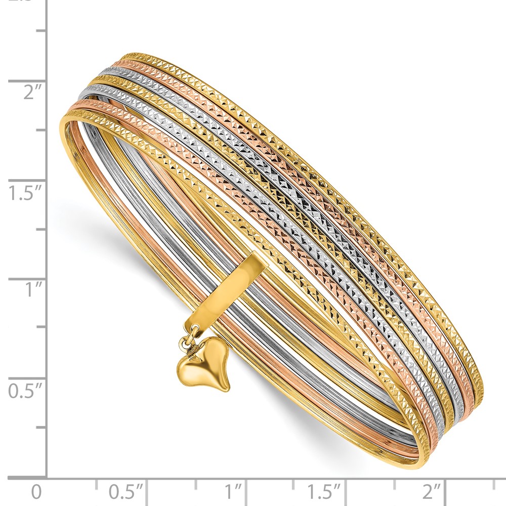 14K Oversize Tri-color Polished and Textured with Dangle Heart 7-Strand 11.00mm Slip-on Round Bangle Bracelet (DB536O)