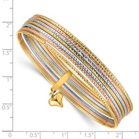14K Oversize Tri-color Polished and Textured Bracelet with Dangle Heart 7-Strand 11.00mm Slip-on Round Bangle view 3
