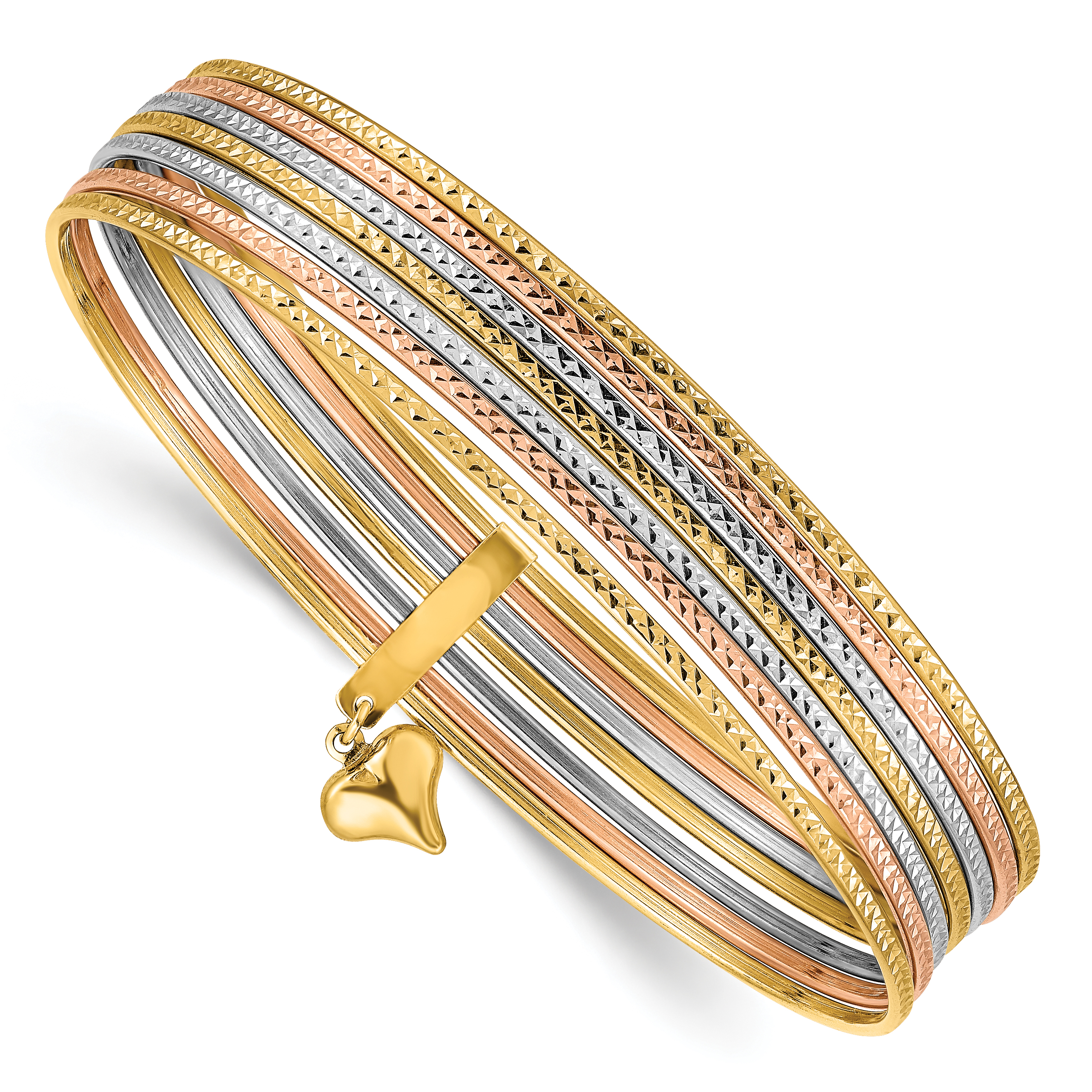 14K Oversize Tri-color Polished and Textured with Dangle Heart 7-Strand 11.00mm Slip-on Round Bangle Bracelet (DB536O)