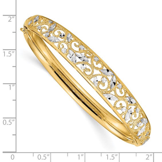 14K with White Rhodium Diamond-cut Filigree Graduated 9.00mm Hinged Oval Bangle Bracelet