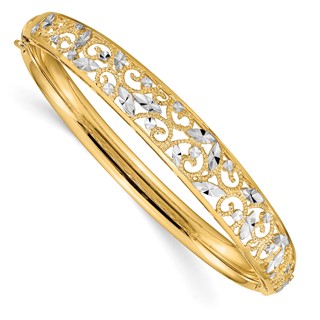 14K with White Rhodium Diamond-cut Filigree Graduated 9.00mm Hinged Oval Bangle Bracelet