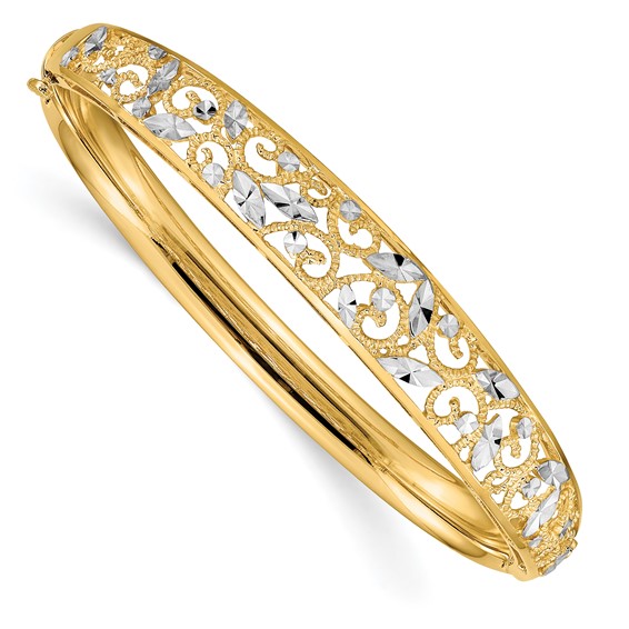 14K with White Rhodium Diamond-cut Filigree Graduated 9.00mm Hinged Oval Bangle Bracelet