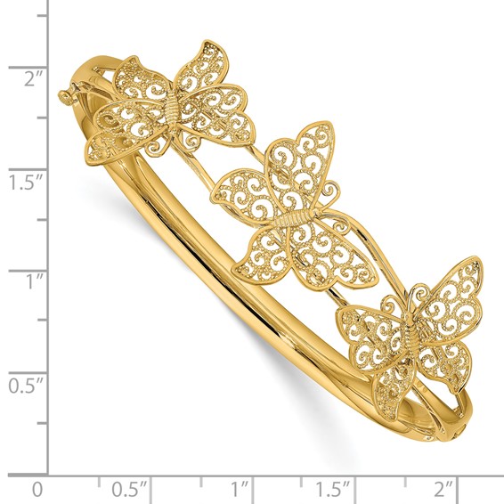 14K Polished Filigree Butterflies Hinged Oval Bangle Bracelet