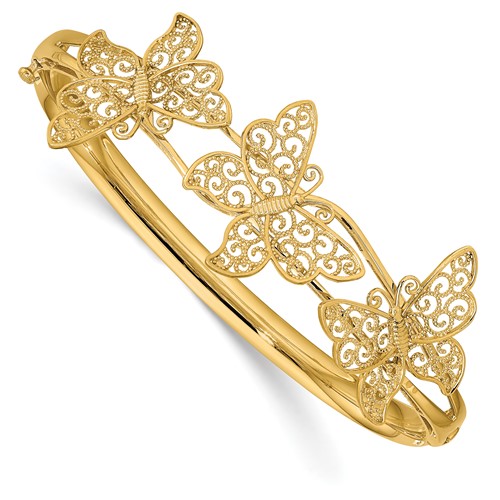14K Yellow Gold Polished Filigree Butterflies Hinged Oval Bangle Bracelet