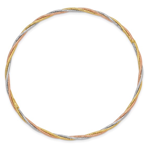 14k Tri-color Polished Diamond-cut Twisted 2.00mm Slip-on Round Bangle Bracelet