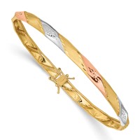 14K Bracelet with White and Rose Rhodium Polished and Satin Diamond-cut 5.00mm Flexible Round Bangle view 1