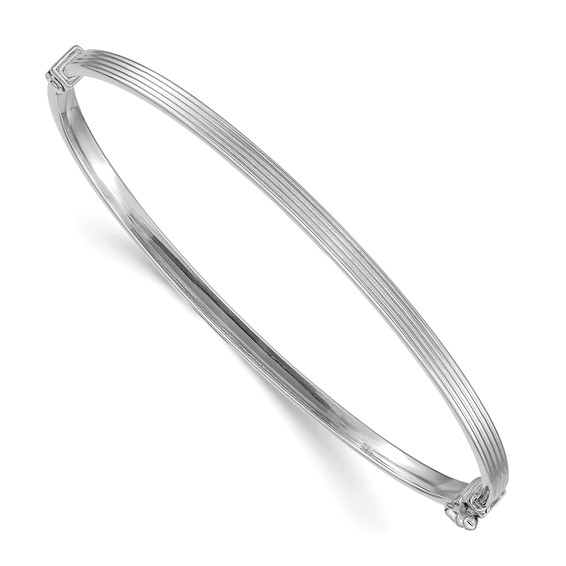14k White Gold Polished Textured Stripe 3.00mm Hinged Oval Bangle Bracelet