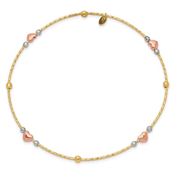 14k Tri-color Diamond-cut Hearts and Beads Slip-on Round Bangle Bracelet