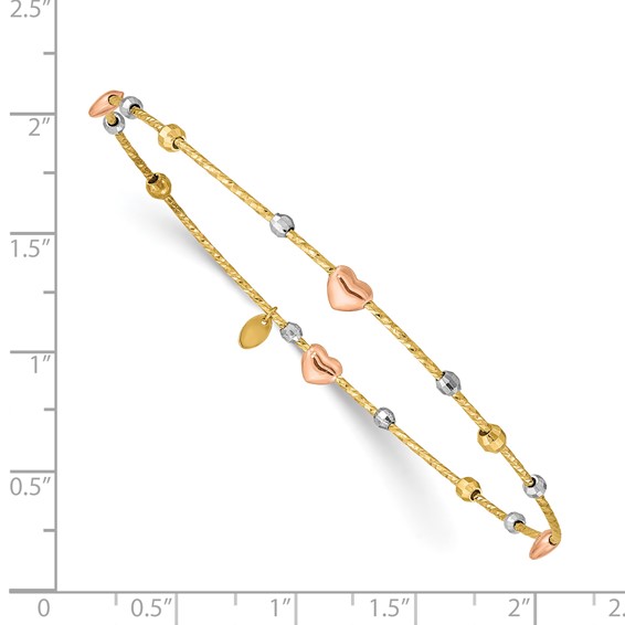 14k Tri-color Diamond-cut Hearts and Beads Slip-on Round Bangle Bracelet