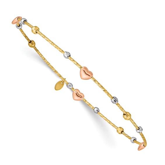 14k Tri-color Diamond-cut Hearts and Beads Slip-on Round Bangle Bracelet