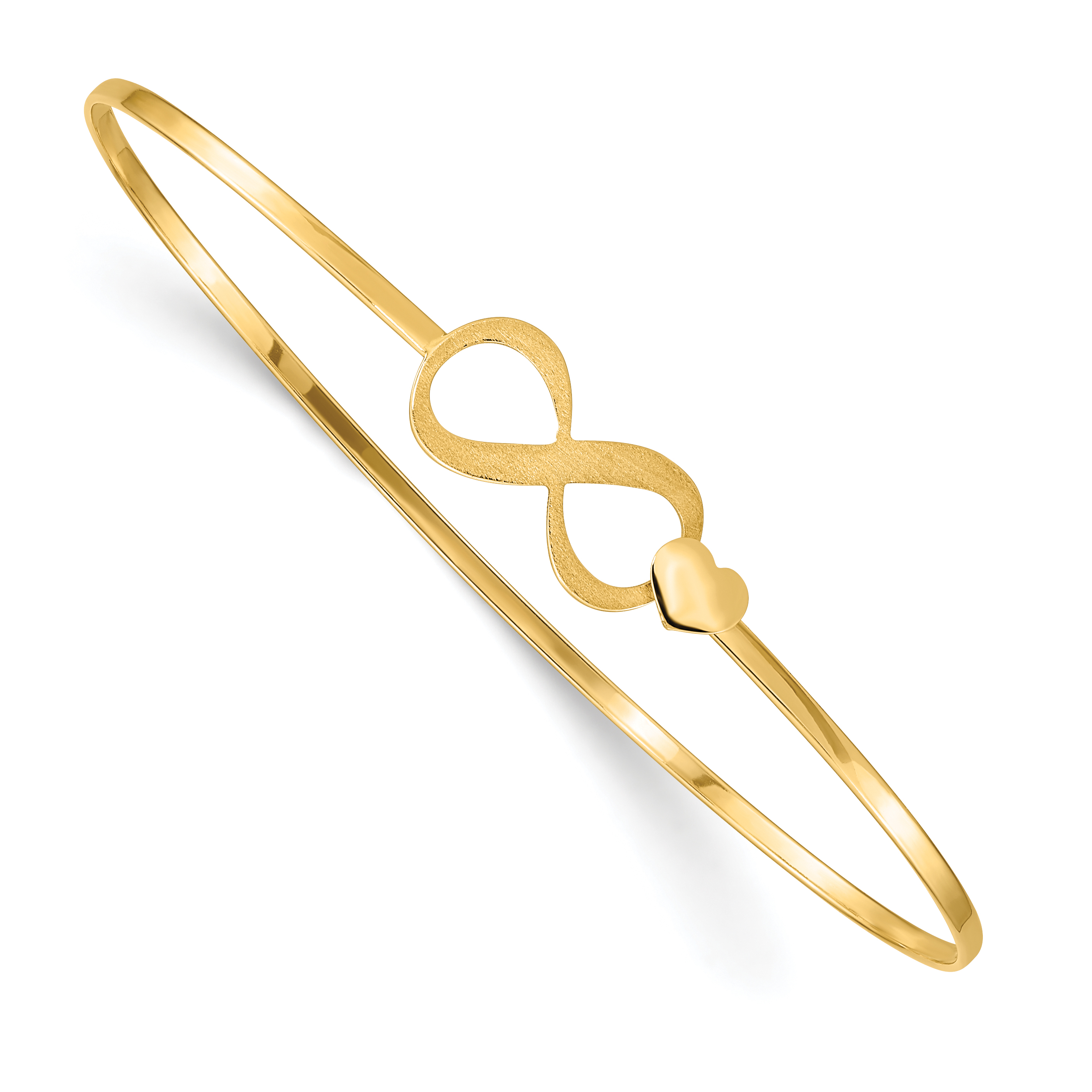 14K Brushed and Polished Infinity and Heart Clasp 1.65mm Flexible Oval Bangle Bracelet (DB689)