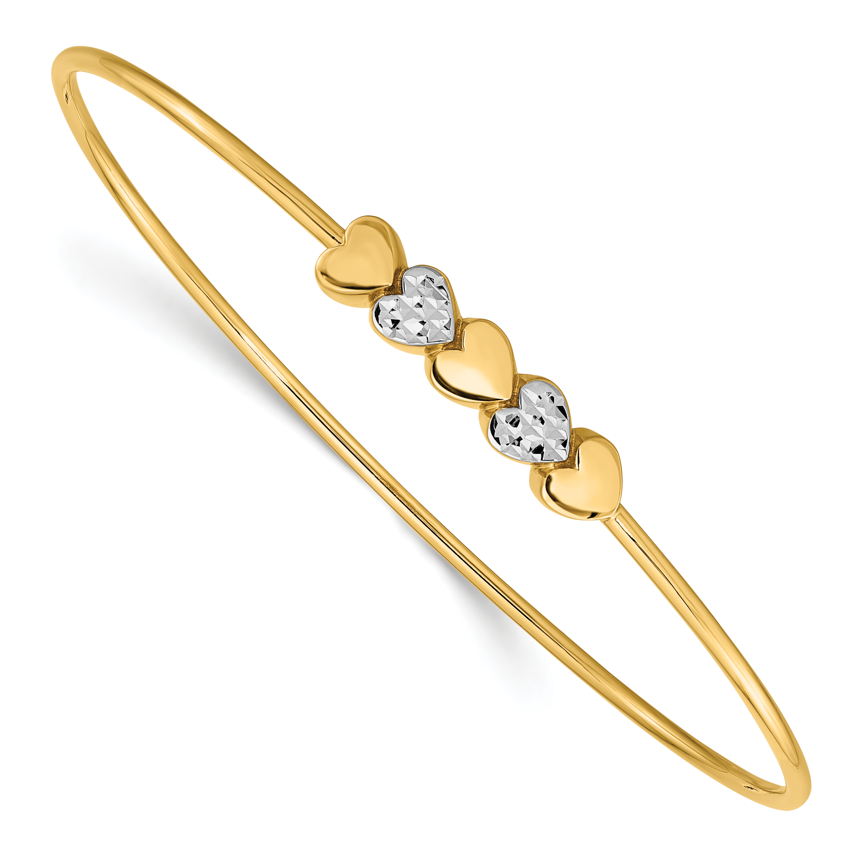 14K and White Rhodium Polished Diamond-cut Hearts 1.50mm Slip-on Round Bangle Bracelet (DB707)