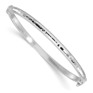 14K White Gold Diamond-cut and Laser-cut 4.10mm Hinged Oval Bangle Bracelet