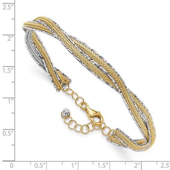 14K Two-tone Diamond-cut and Textured Braided 6.70mm with Safety Chain Flexible Oval Bangle Bracelet