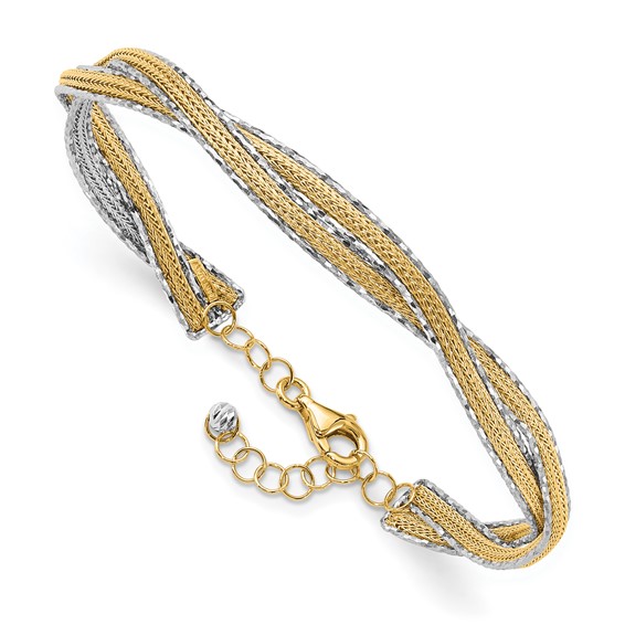 14K Two-tone Diamond-cut and Textured Braided 6.70mm with Safety Chain Flexible Oval Bangle Bracelet