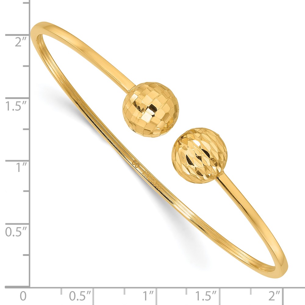 14K Polished and Diamond-cut 10mm Ball 2.00mm Flexible Oval Cuff Bangle Bracelet (DB738)
