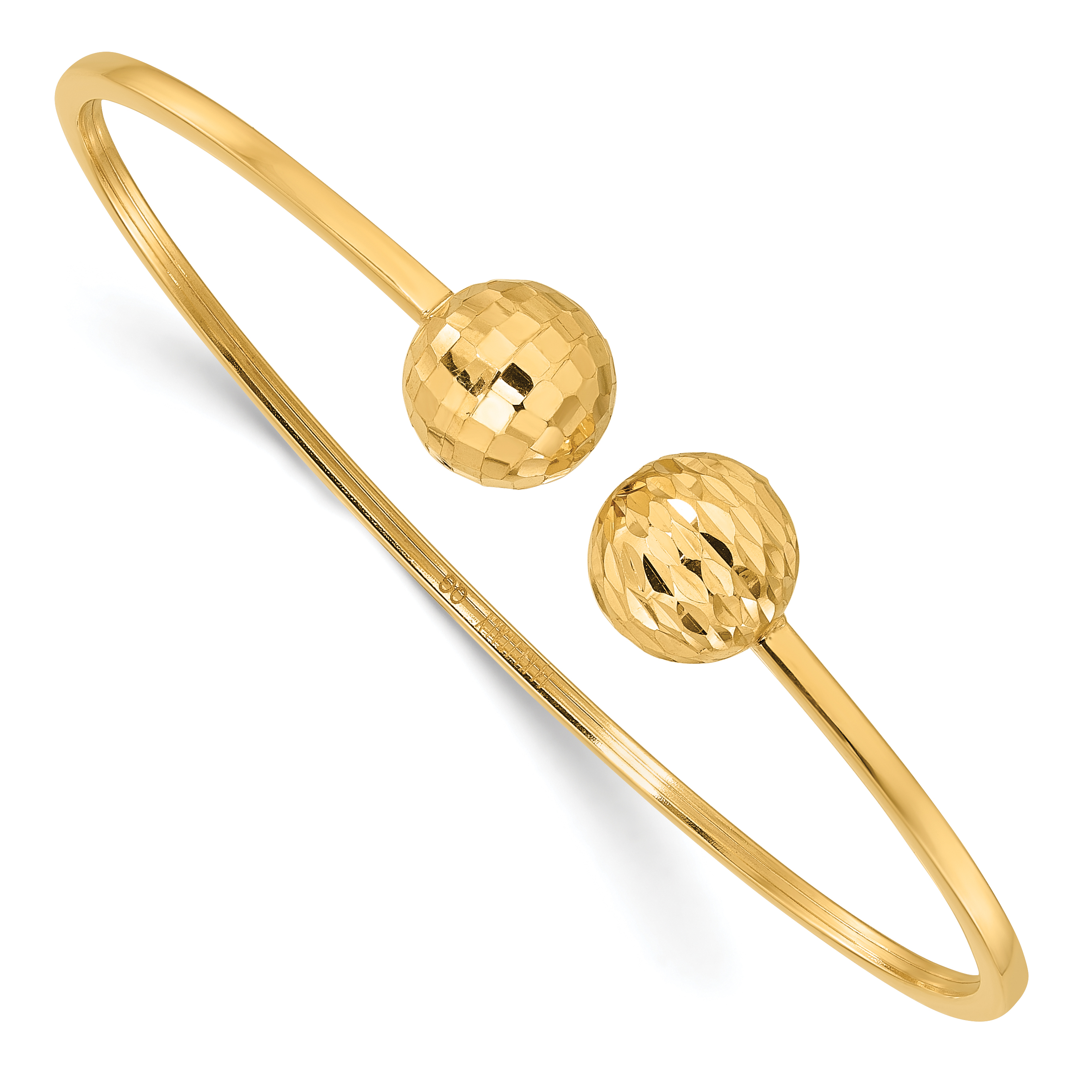 14K Polished and Diamond-cut 10mm Ball 2.00mm Flexible Oval Cuff Bangle Bracelet (DB738)