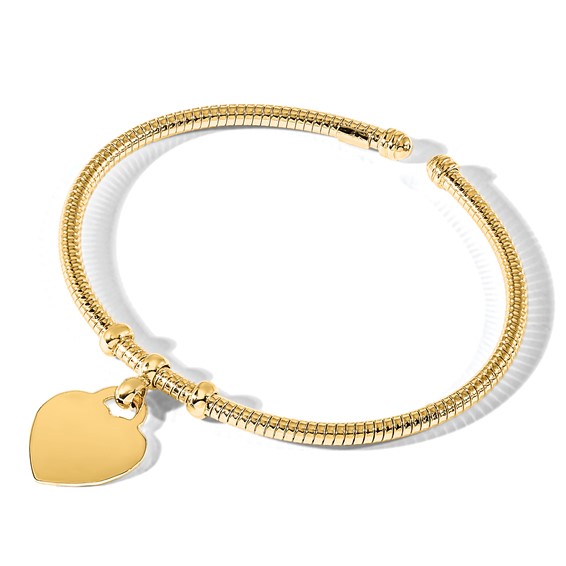 14K Polished and Textured Flexible Heart Dangle Bangle Bracelet