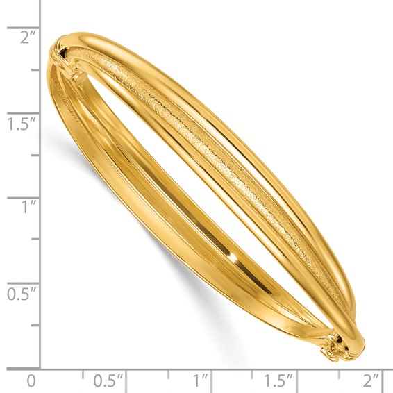 14K Polished and Textured Three-Row Twisted 8.50mm Hinged Oval Bangle Bracelet