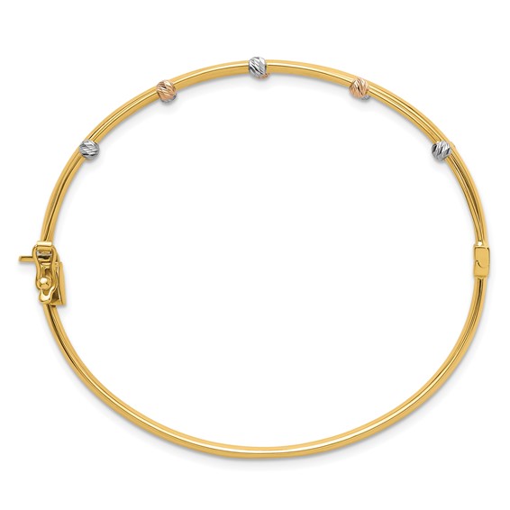 14k Tri-color Polished 3-Row Diamond-cut Beaded Hinged Oval Bangle Bracelet