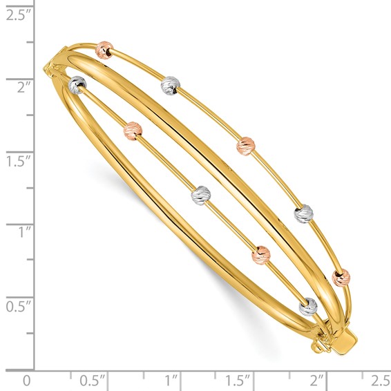 14k Tri-color Polished 3-Row Diamond-cut Beaded Hinged Oval Bangle Bracelet
