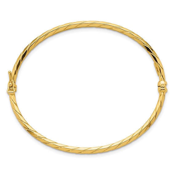 14k Polished and Diamond-cut Twisted 3.00mm Hinged Oval Bangle Bracelet
