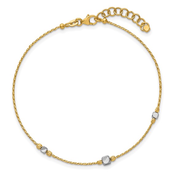 14K Two-Tone Polished Diamond-cut Round and Square Beaded 7 inch Bracelet with 1 inch Extension