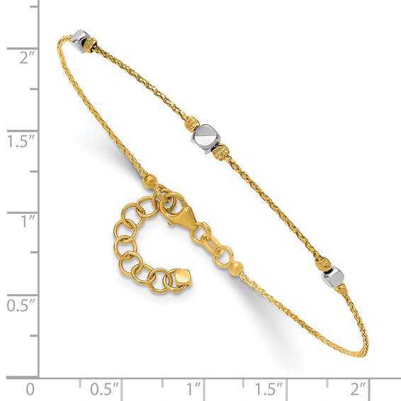 14K Two-Tone Polished Diamond-cut Round and Square Beaded 7 inch Bracelet with 1 inch Extension