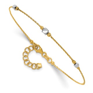 14K Two-Tone Polished Diamond-cut Round and Square Beaded 7 inch Bracelet with 1 inch Extension