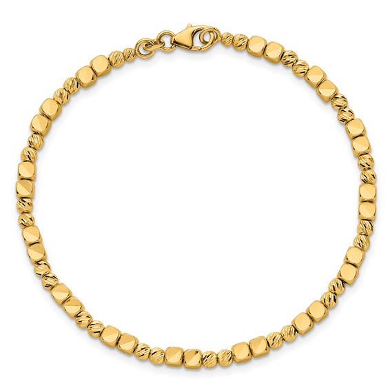 14K Polished Diamond-cut and Square Beaded 7 Inch Bracelet