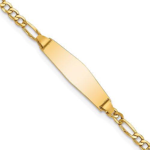 14K Yellow Gold Polished Semi-Solid Chain Solid Plate Figaro Link Soft Diamond Shape 19.5x 5.5mm Plate ID Bracelet, 6"